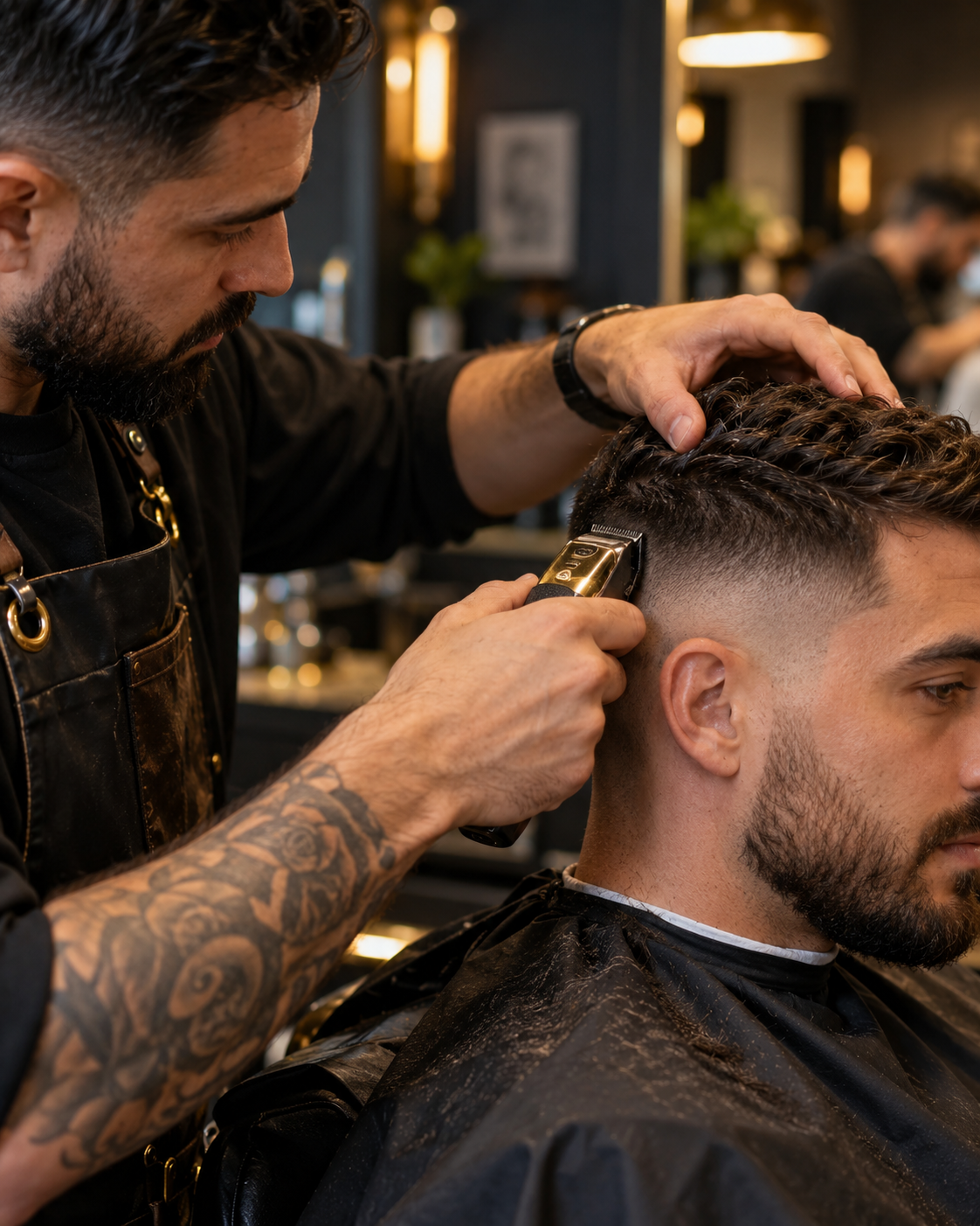 Barber using clippers to create a clean fade haircut